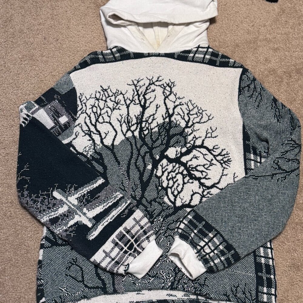 Vintage Tapestry Mens Green Hoodie Floral Trees sz-L